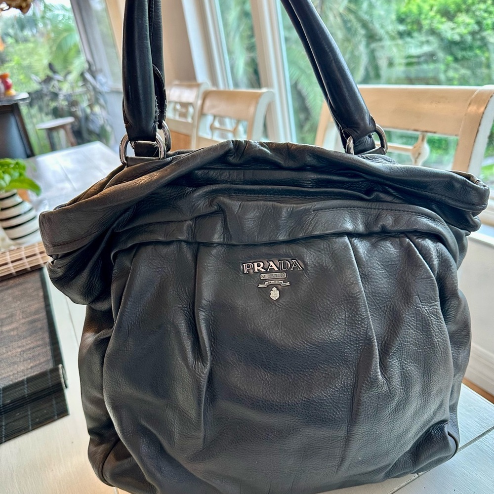 Prada Milano Nappa Leather Ruched Tote Shopper Bag